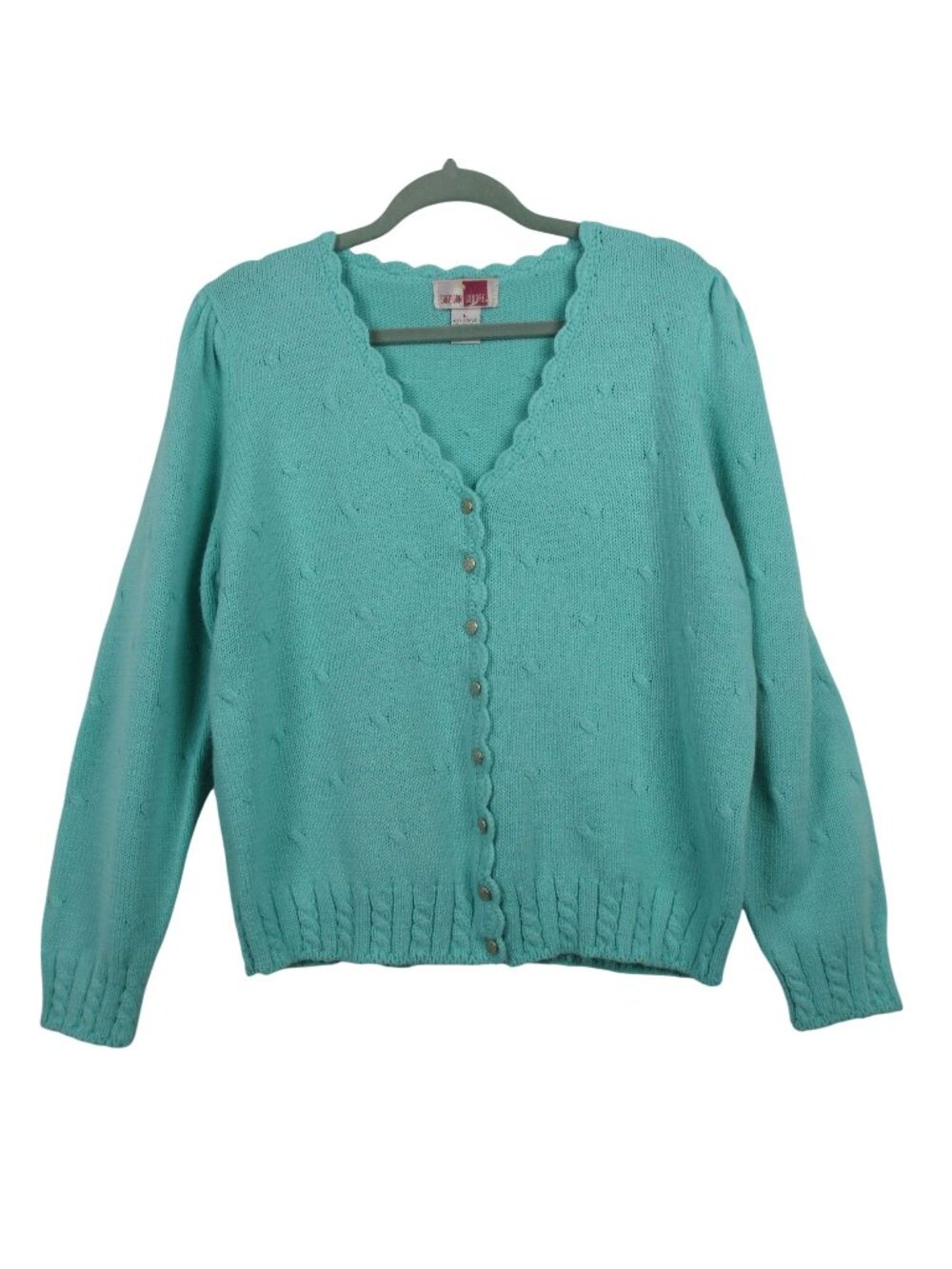Sheridan Square Seafoam Green Cardigan W/Metal Buttons Size L Vintage 80s Demure